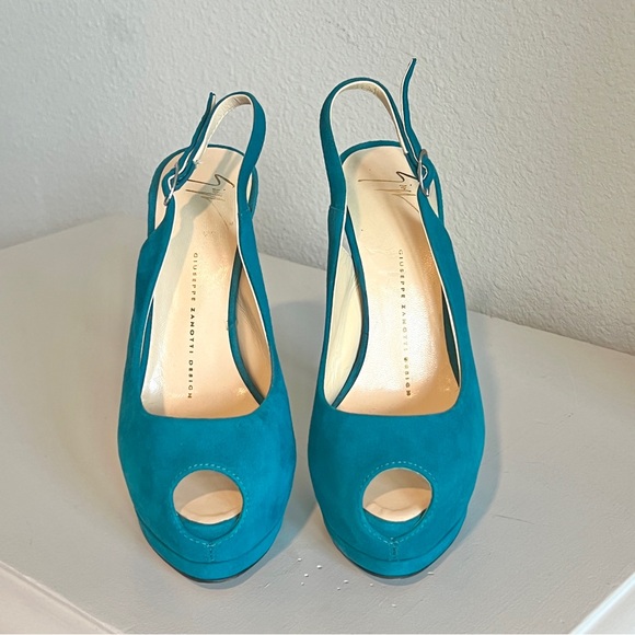 Giuseppe Zanotti Platform Stiletto High Heel Women’s Size 37 Suede Teal Peep Toe - Picture 2 of 6